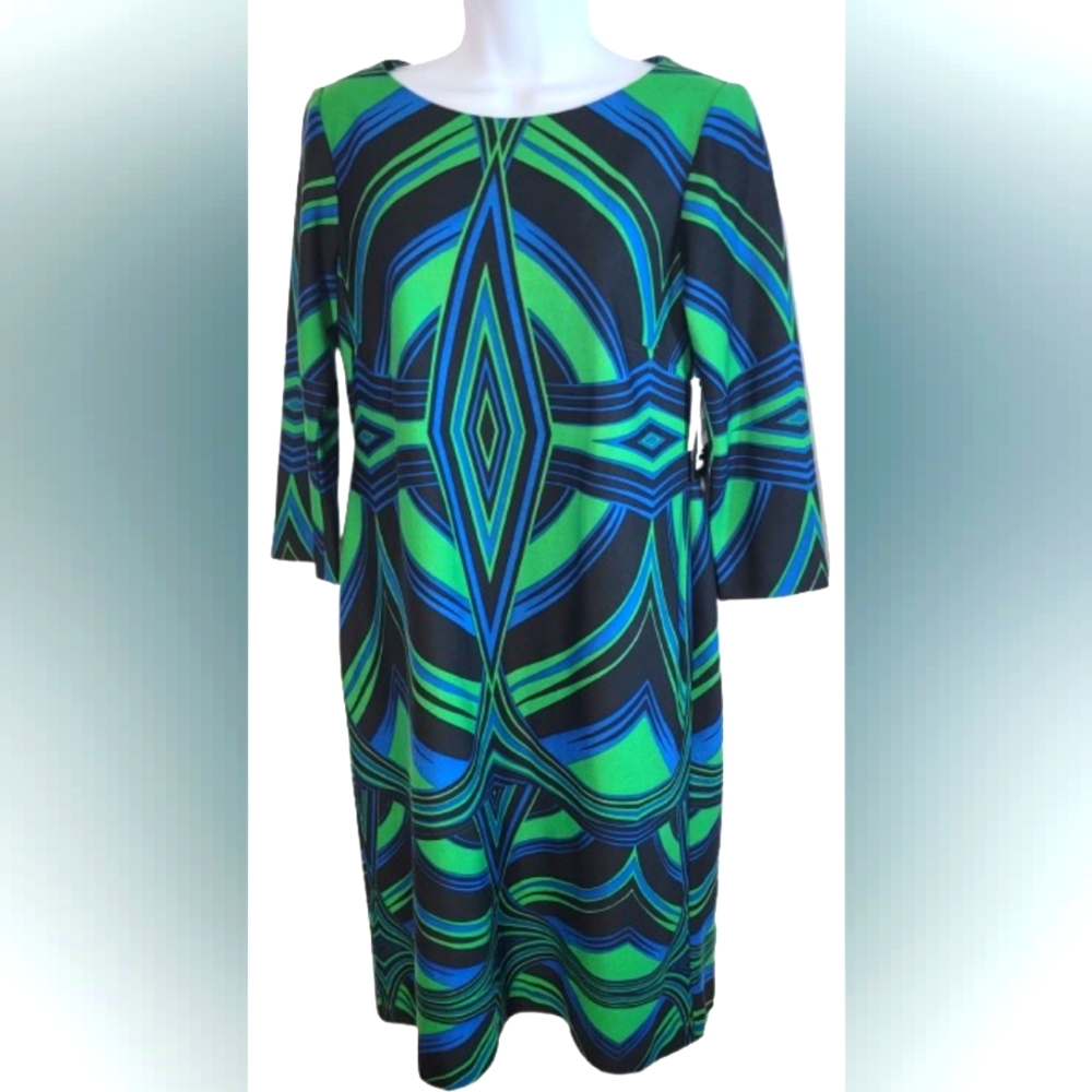 J. Taylor Retro Green and Blue Geometric Dress NWT